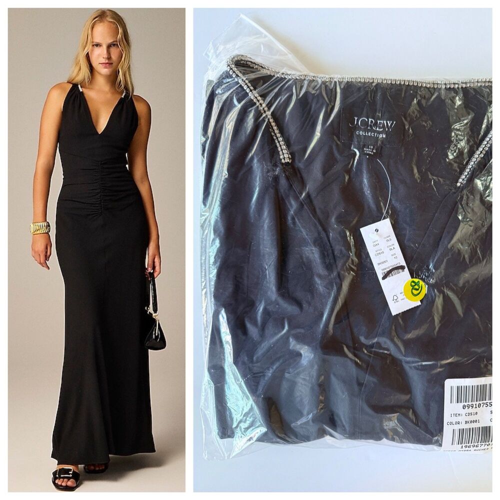 NWT J.Crew Collection Women's Black Full Length Embellished Ruched Dress Size 10